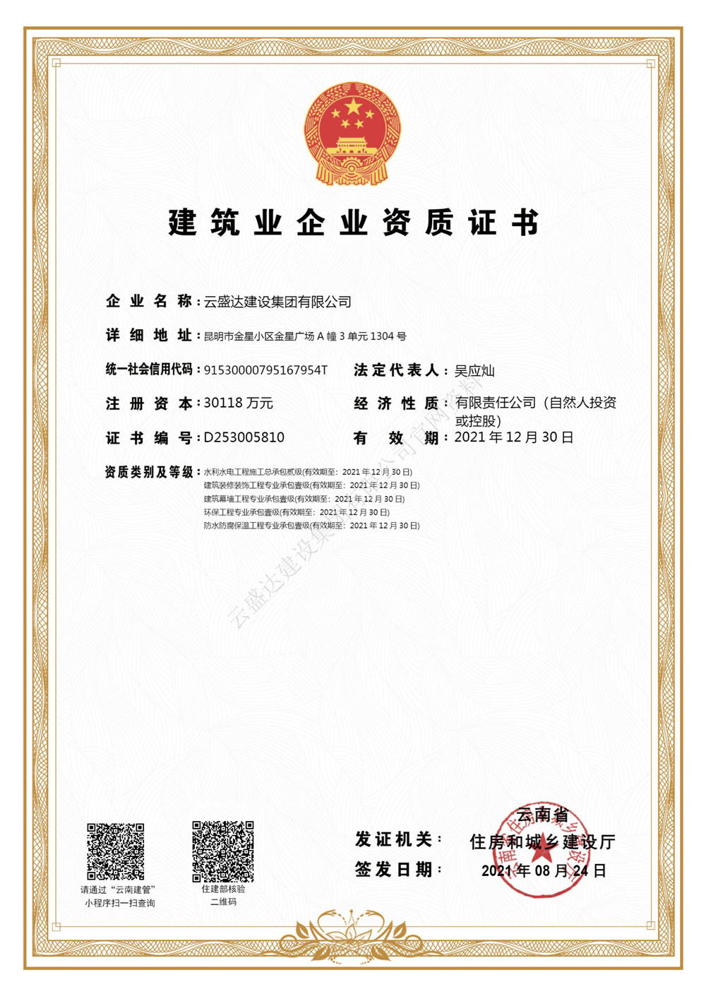 建筑業企業資質證書（專項壹級、總包貳級）